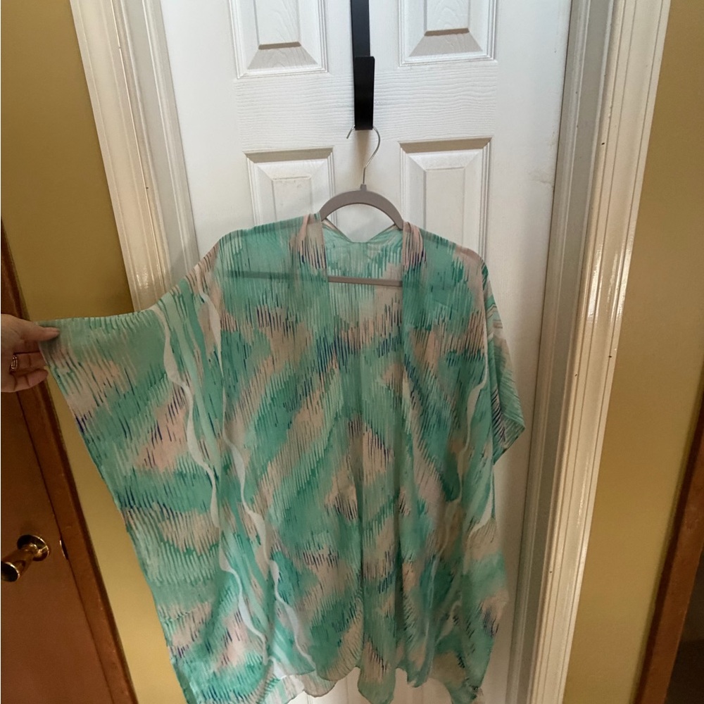 Lightweight Aqua and Blush Sheer Kimono Cover-Up